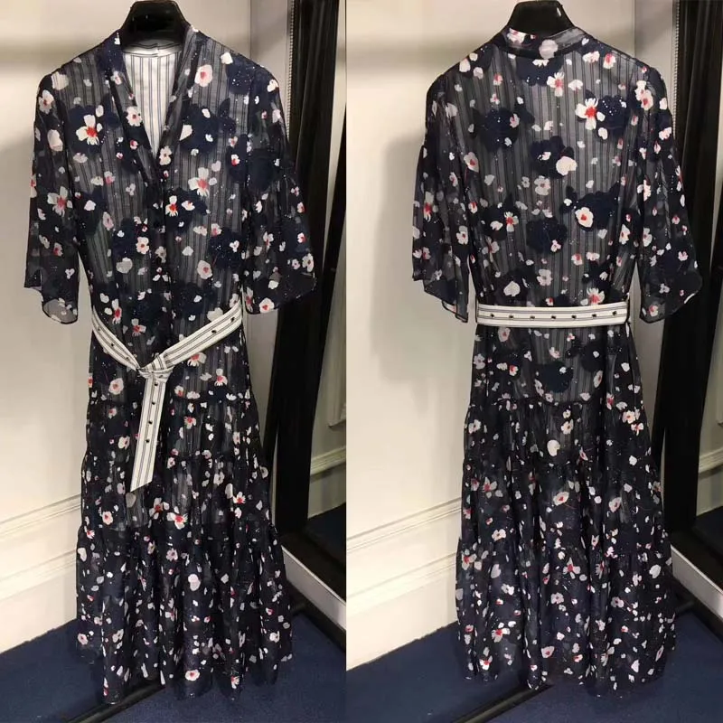 

women summer casual dress elegant printing long dress high quality vestidos de fiesta unique robe femme ete 2018 silk robe femme