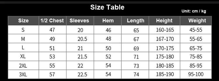 liexing size chart for short tshirt