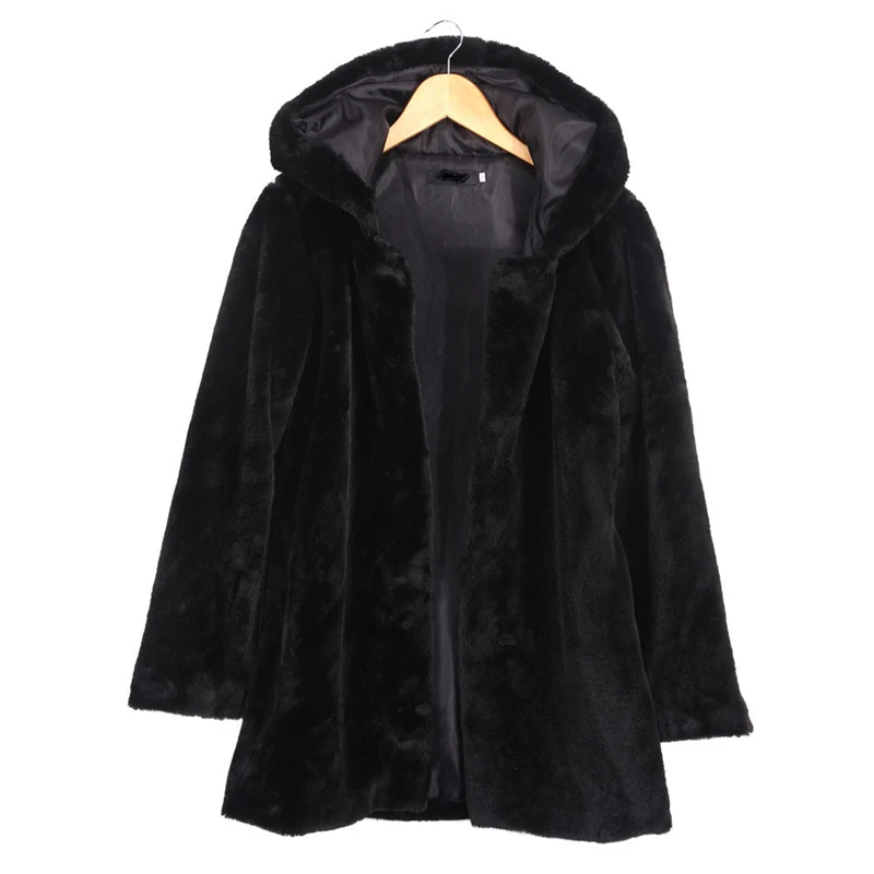 Зимнее женское пальто с капюшоном из искусственного меха, Модное теплое свободное черное пальто с длинными рукавами, Женская хлопковая куртка из флока, пальто размера плюс