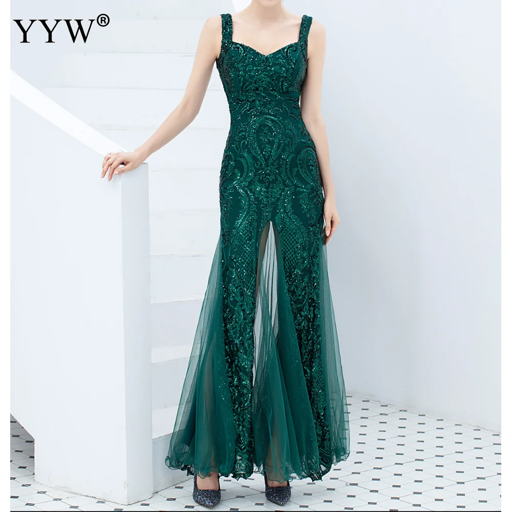 Green Sequined Summer Long Party Dress Spaghetti Strap Sexy Evening Gowns Women Sequin Mesh Patchwork Elegant Club Dresses - Цвет: green