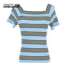 Женские летние топы Sexy бретелек Стиль Дамы Полосатый свитер Пуловеры короткий рукав Лодка шеи Женский вязаный тонкая футболка