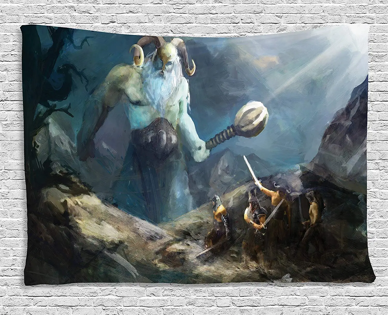 

Viking Tapestry Heroes Valhalla with Mythological Frost Giant Norse Culture Watercolor Design Wall Hanging Bedroom Living