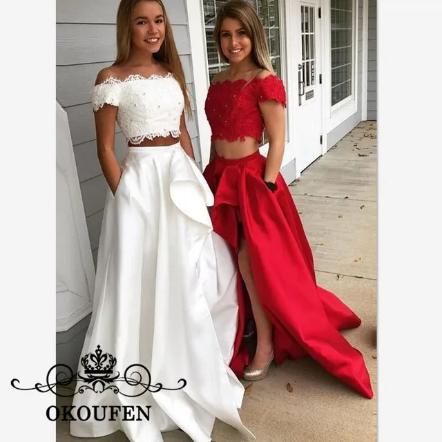 Special Offers Two Pieces Long Bridesmaid Dresses For Women Boat Neck Side Split A Line Lace Top and Satin Skirt Maid Of Honor Dress Party