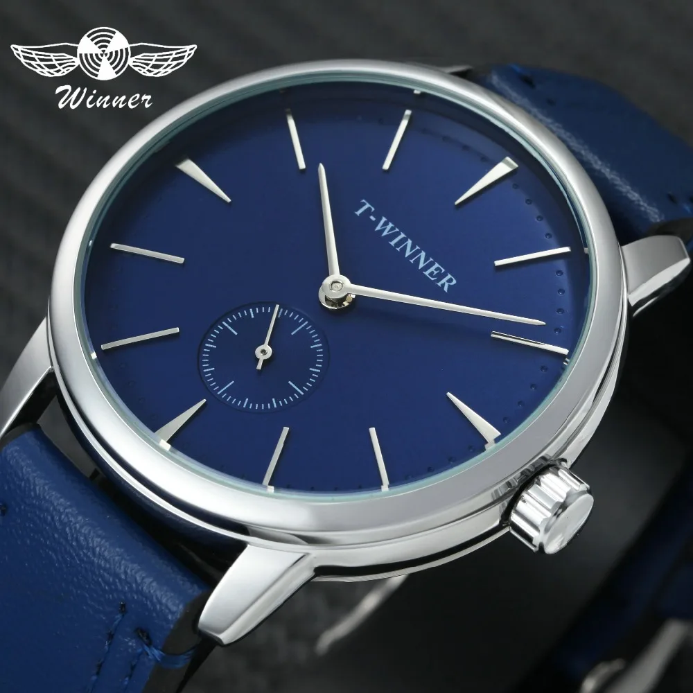 

2018 New Fashion WINNER Blue Watches Men Genuine Leather Strap Working Sub-dial Mechanical Hand-wind Wristwatch Top Brand Luxury