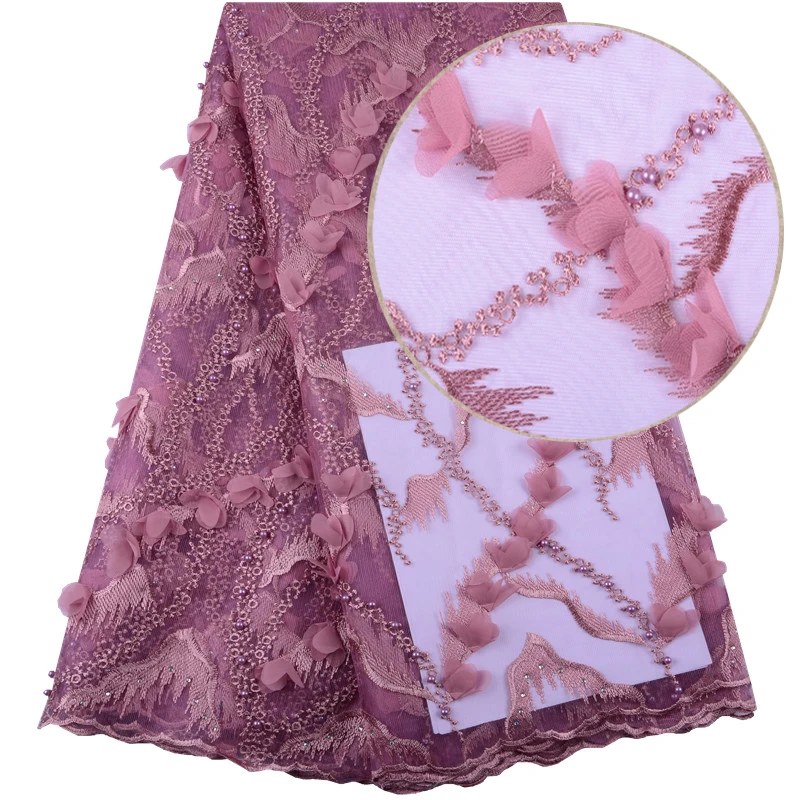 

African 3D Beaded Lace Fabric 2019 High Quality Fabric French Net Lace With Appliques Onion Nigerian Tulle Lace Fabrics 1446B