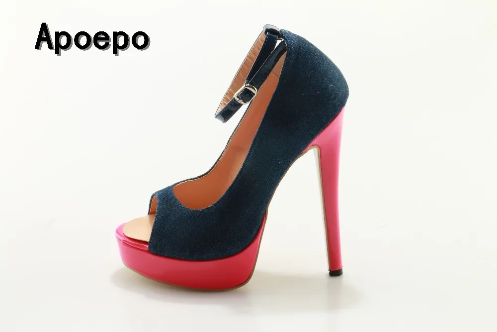 

Hot selling denim blue high heel shoes sexy peep toe platform pumps 2017 woman super high dress shoes ankle strap high heels