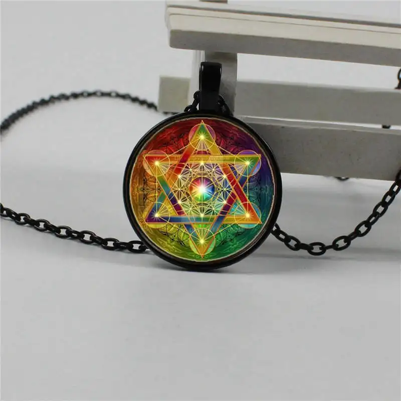 

New 3 color Psychedelic Divine Geometric Crystal Necklace Convex Pendant Silver Chain Necklace Woman Dark Jewelry