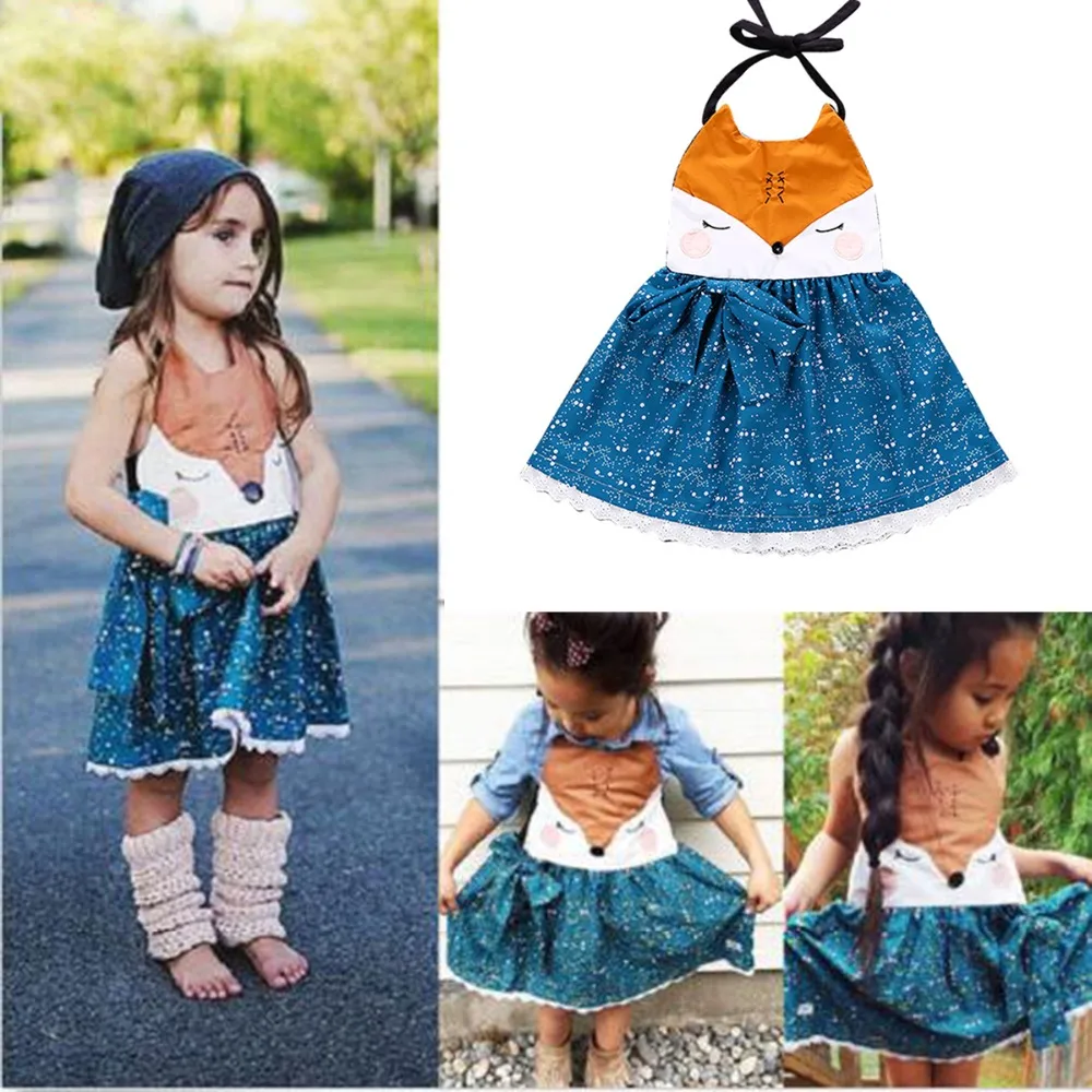 

Puseky Cute Toddler Kids Girls Sleeveless Backless Halter Cartoon Fox Pattern Summer Party Dress Sundress 1-6T