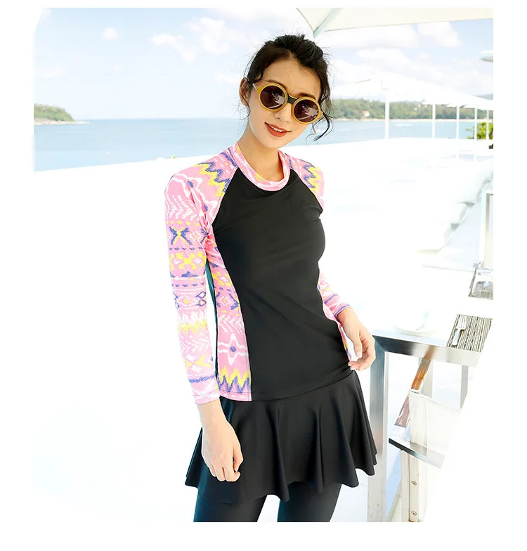 

2018 Women Long Sleeve Swimwear Print Surfing Bathing Suits Sexy Tow Piece Skirt Sport Swimsuit Female Beach Clothes Rashguard