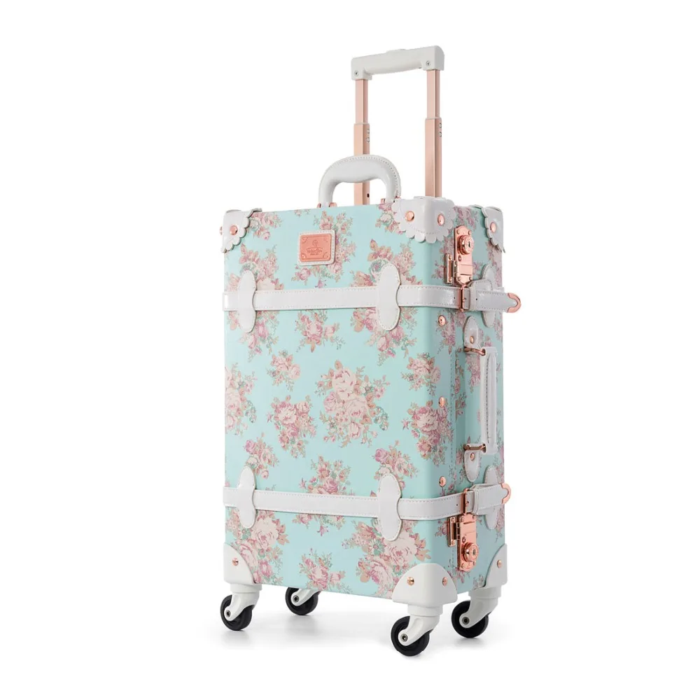 

22" 24" Spinner Wheels Retro Pu Leather Blue Floral Suitcase Women Trunk TSA Vintage Luggage Rolling Carry On Suitcase for Girls
