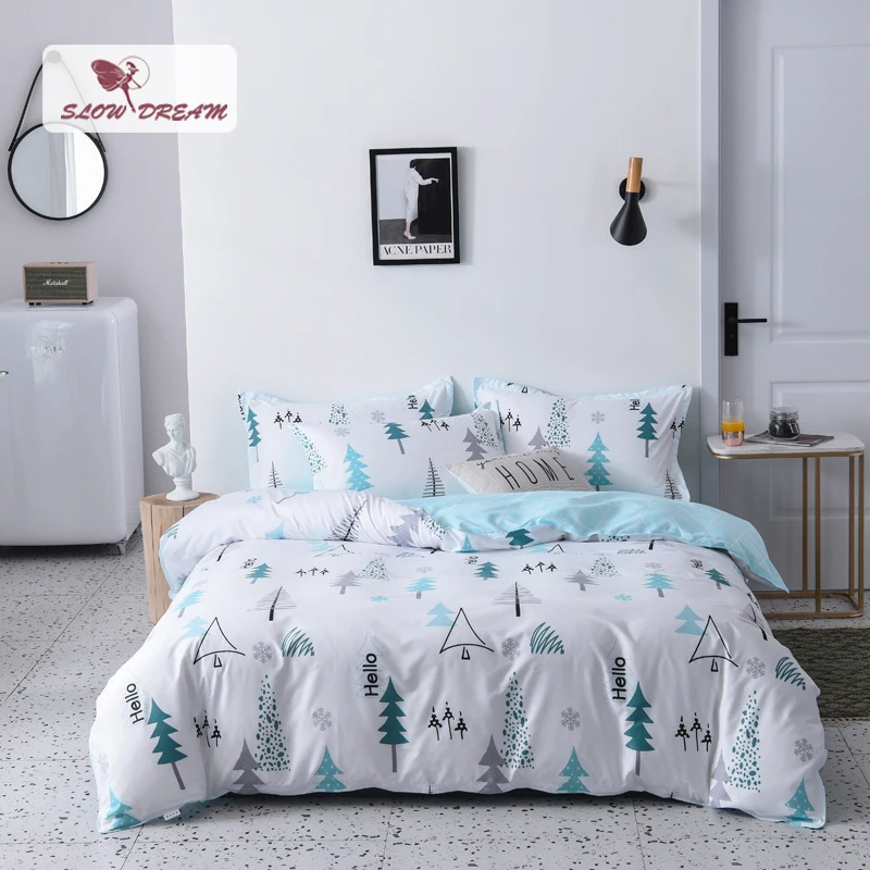 

SlowDream Complete Bedding Set Duvet Cover Flat Sheet Pillowcase Bedspread Double Queen King Size Tree Printed Adult Child Bed