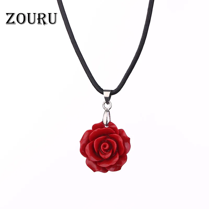 Hot Genuine Leather Chain Coral Red Pink White Rose Flowers Pendants Women Necklace Fashion Jewelry ZOURU