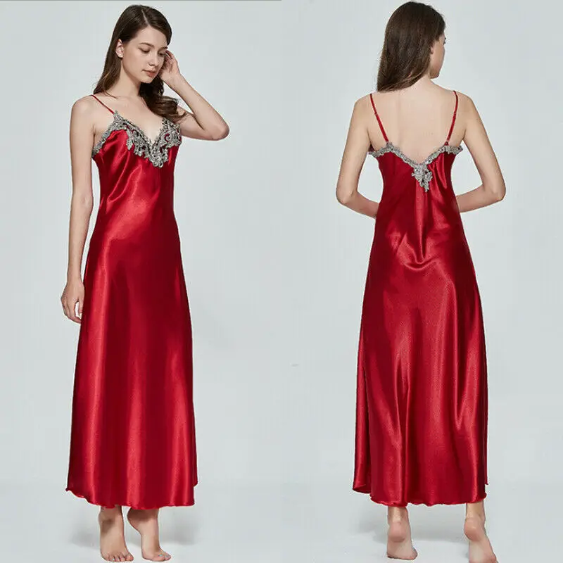 

Women V-neck Satin Silk Lace Lingerie Pajama Night Dress Nightgown Sleepwear V Neck Spaghetti Strap Dress
