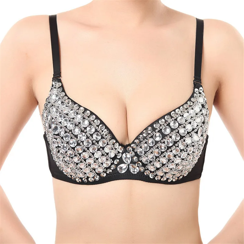 High Quality Sexy Bras Women Push Up Luxury Rhinestone Sequined Bra Lady  Silver /Gold Punk Studded Sponge Dance Bras For Party