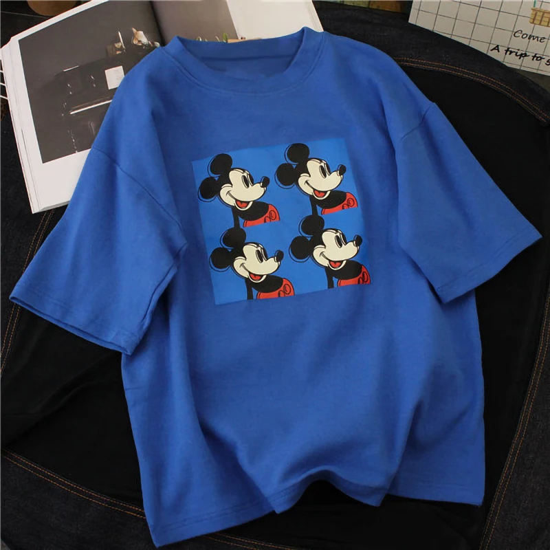 

100% Cotton Mickey mouse Cartoon Print T Shirt Women O neck Short sleeve Harajuku Tees White Sweet Loose Summer Tops Femme