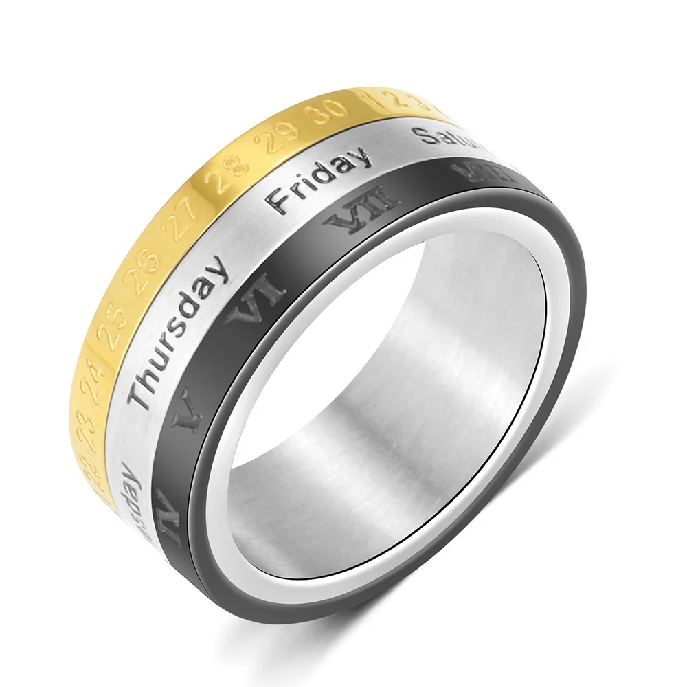 Titanium Stainless Steel Rotatable Week Calendar Date Ring Men's Silver