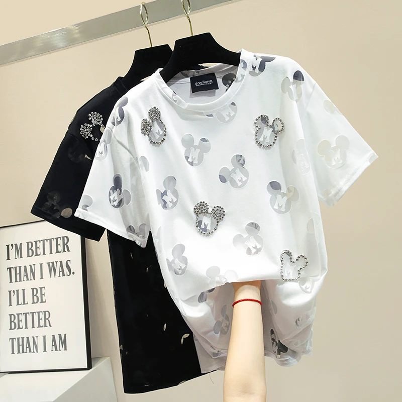 

Loose White Female Tshirts 2019 New Summer Hollow Out Mesh Cartoon Beading Short Sleeve T-shirt All-match Casual Students Tops