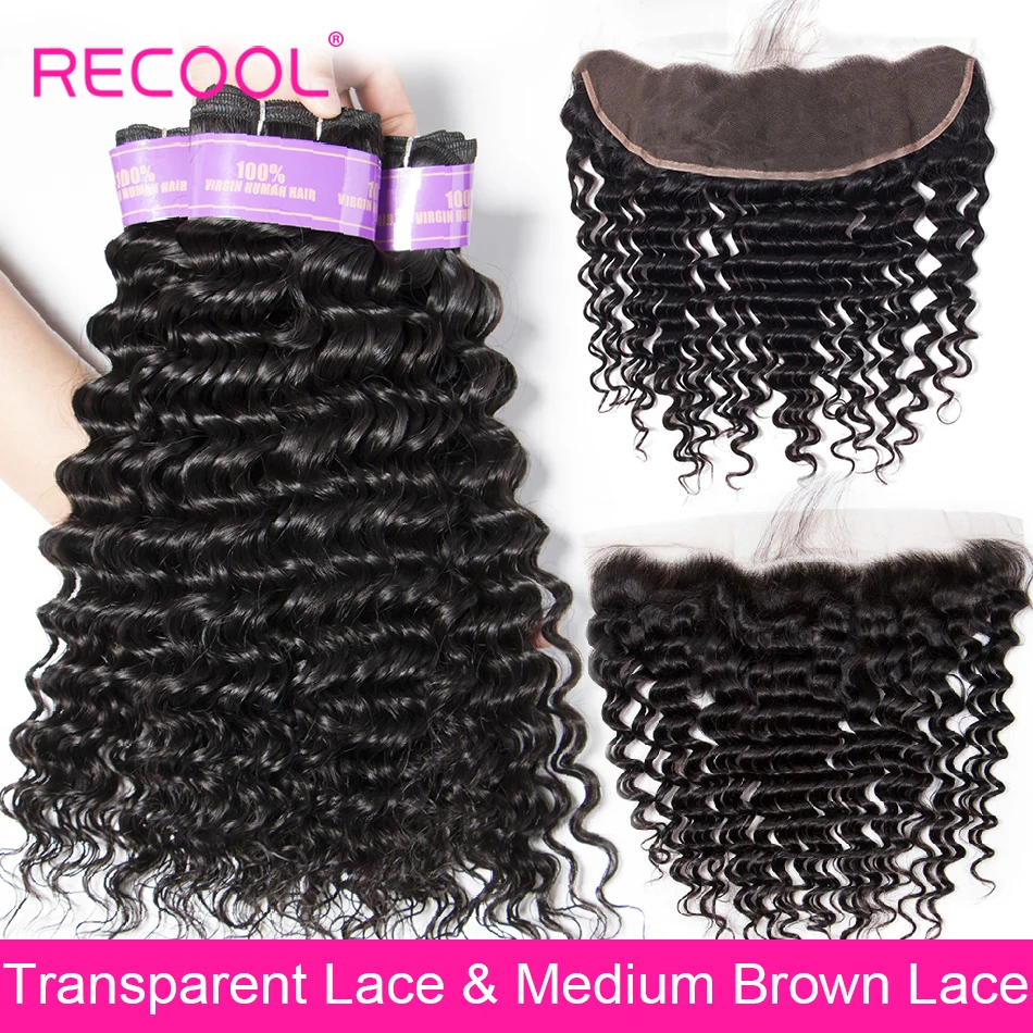 

Recool Deep Wave 3 Bundle With Frontal Closure Brazilian Human Hair Weave Bundle With Closure HD transparent Swiss Lace Frontal