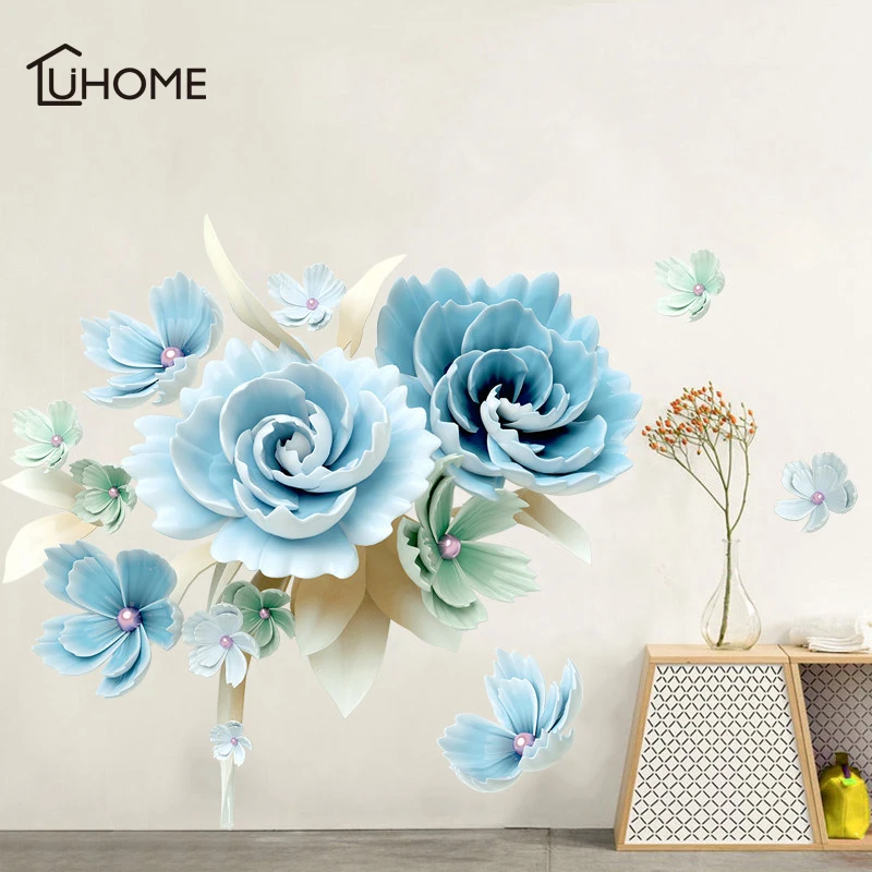Large 3D DIY Blue Flower Wall Sticker Modern Stickers Wall Decoration for Living Room Removable Mural Wallpaper Art Home Decals