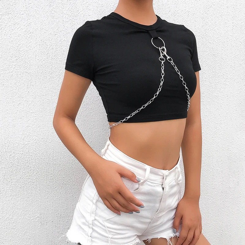 Укороченная футболка Weekeep с металлической цепочкой в стиле пэчворк, женская черная уличная футболка с круглым вырезом и коротким рукавом, сексуальная облегающая футболка, женская футболка