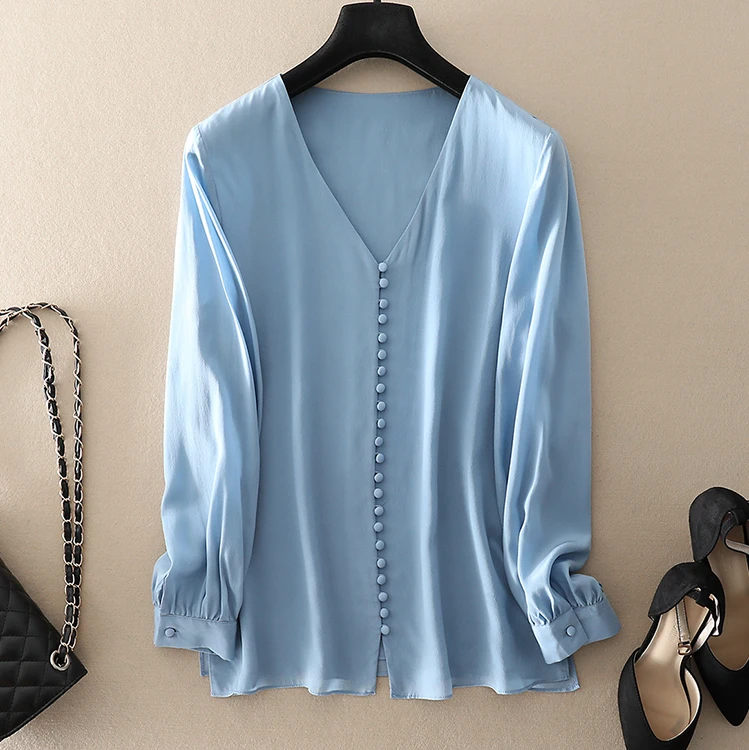 Blusas Feminino весна лето Модная розовая синяя блузка Женская туника с v-образным вырезом на пуговицах с длинным рукавом шелковая блузка рубашка женские топы