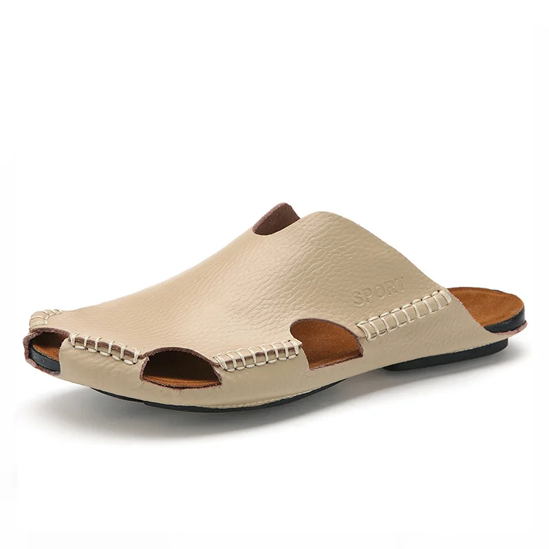 MIUBU/летние мужские сандалии из натуральной кожи; мужские пляжные сандалии; брендовая мужская повседневная обувь; Вьетнамки; кроссовки - Цвет: Бежевый