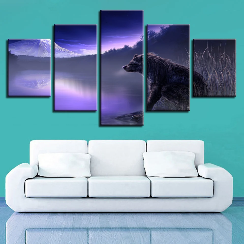 

Home Decor Pictures 5 Pieces Abstract Mist Lakes Wolf Fantasy Landscape Paintings HD Prints Game Posters Modular Wall Art Frame