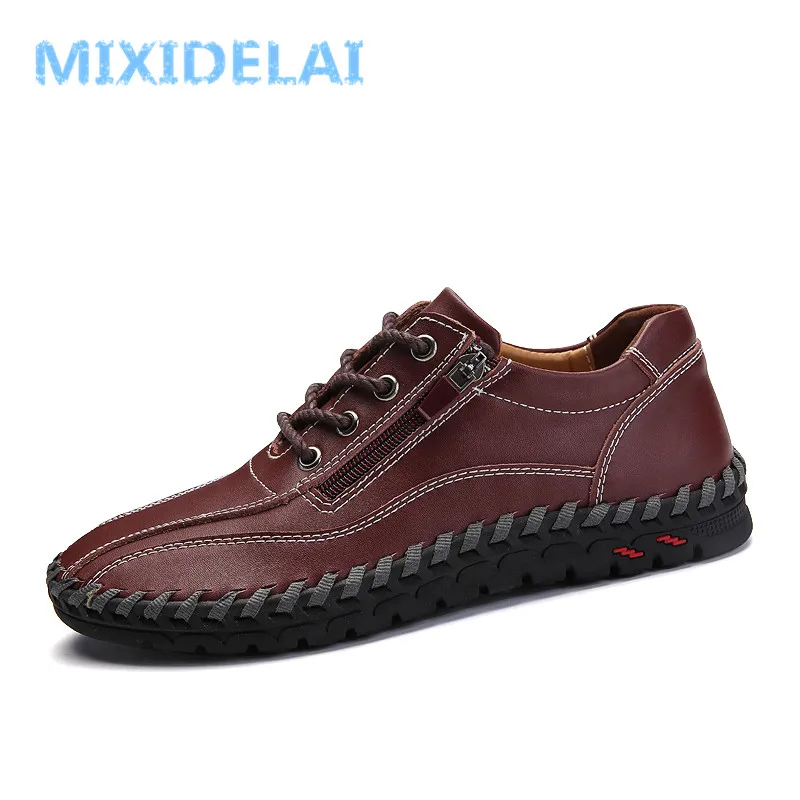 

MIXIDELAI Fashion Breathable Genuine Leather Men Shoes Lace Up Moccasins Flats Mens Casual Shoes Hot Sale Large Sizes 38-48