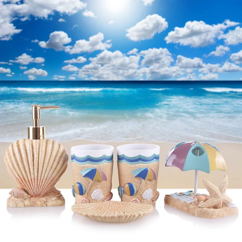 Magrace Five Pieces Resin Bathroom Set Fashion Summer Beach Magrace Five Pieces Resin Bathroom Set Fashion Summer Beach Soap Box Storage Toilet Brush Accessories In