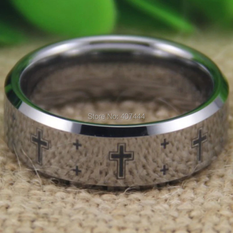 Free Shipping YGK JEWELRY Hot Sales 8MM Shiny Silver Bevel The New Christian Cross Men's Tungsten Wedding Ring