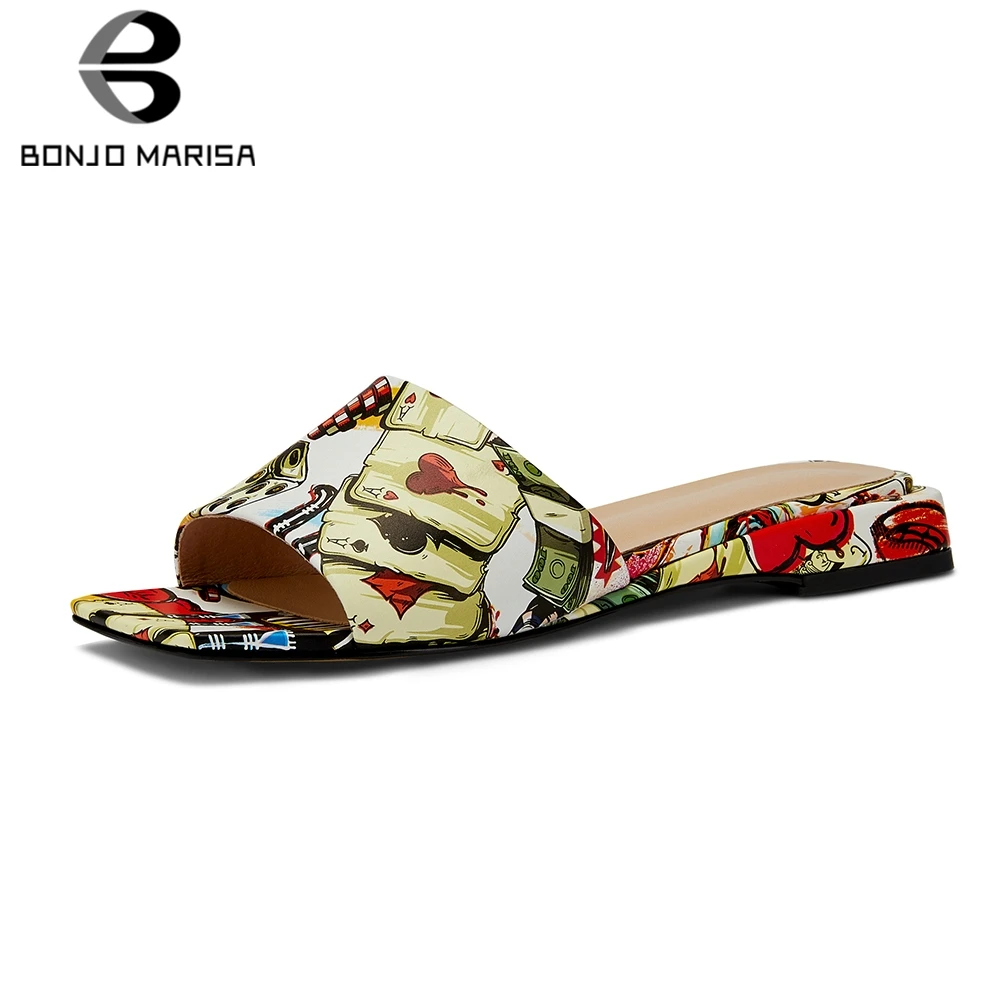 

BONJOMARISA 2019 Fashion New INS Hot Print Slippers Women Summer Genuine Leather Shoes Slippers Women Shoes Woman Size 33-40