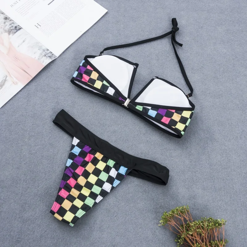 2019 multicolored diamond bandeau Deep-V chest Top Strap Bikini set Women Swimsuit Swimwear Brazilian bikinis mujer Bathing Suit
