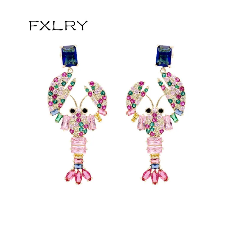 

FXLRY New Dangle Earrings For Women Lobster Shaped Vintage Party Jewelry Full AAA CZ Drop Earring Big Trendy Long Earrings