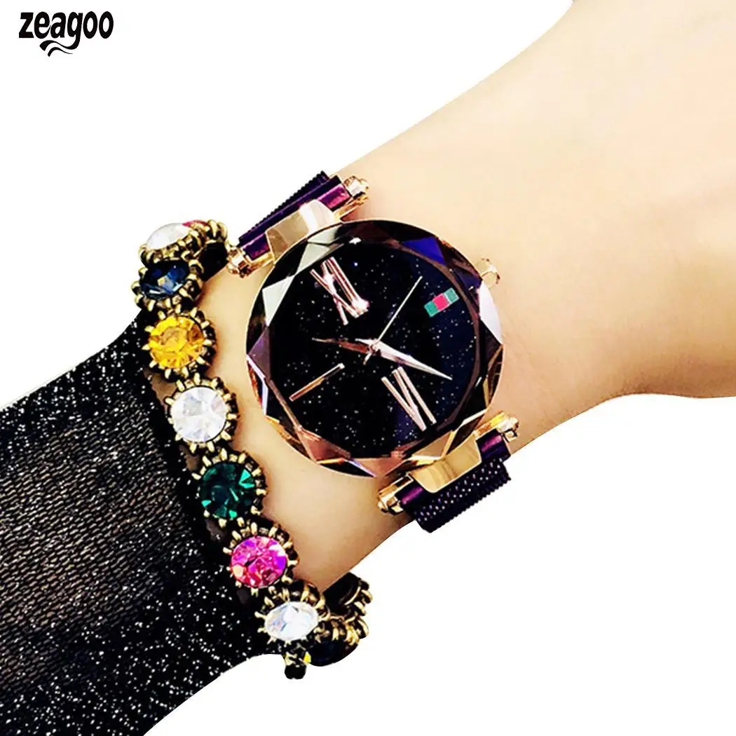 

Women Wrist Quartz Watch Stars Pattern Easy to read, Decoration Digital Fashion Magnet Round Watch Pointer