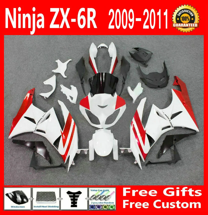 Бесплатный комплект обтекателей для Kawasaki NINJA ZX6R 2009 2010 2011 (белый красный) 09 10 11
