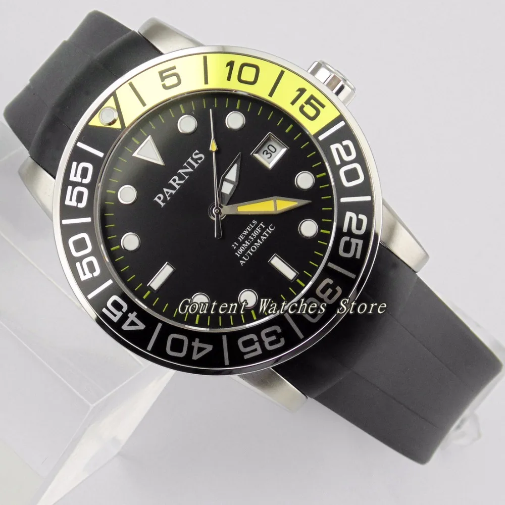 

42mm Parnis Date Miyota Watch Black Dial Sapphire Glass Automatic Men's Wristwatch