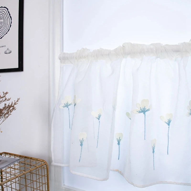 

Rod Pocket Embroidered Kapok Flowers Semi Tier Curtain Short Curtain For Kitchen Bathroom Living Room