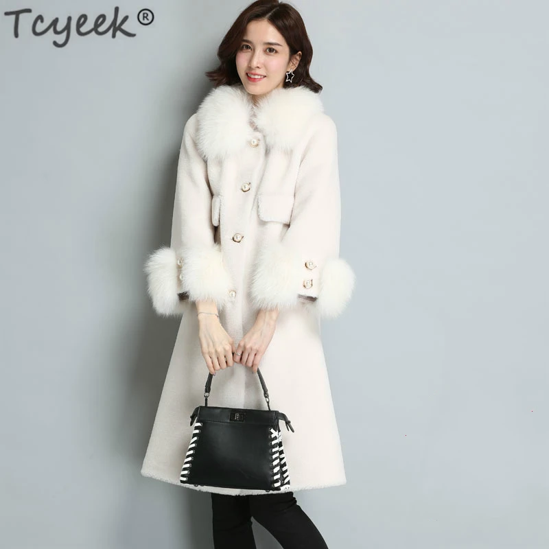 Printemps Manteau Femelle Laine black Tcyeek Femmes Automne Manteaux blue red D'hiver Fox Des Moutons Fourrure Lwl1366 Beige Desert Col white Naturel Réel Veste Parka De Vêtements Tonte 76yYgbf