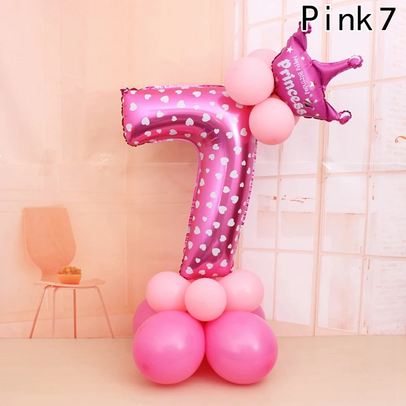 1 компл. Синий Розовый Фольга номер шар латексные воздушные шары с короной юбилей ребенка душ Дети День рождения надувные игрушки - Цвет: PK7