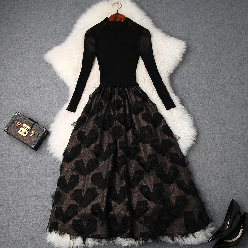 

hot sale Sweet dresses 2019 new spring autumn Elastic Women Patchwork long dress Clothing Winter Feathers ladies party Dress