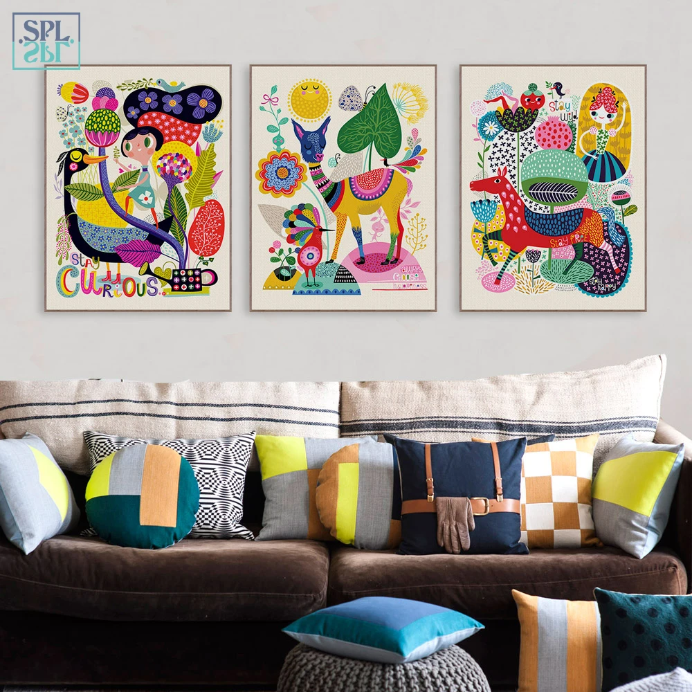 

SPLSPL Cartoon Wall Art Canvas Painting Boys and Girls Room Decoration Colorful Animals Print Poster and Picture ornamentation