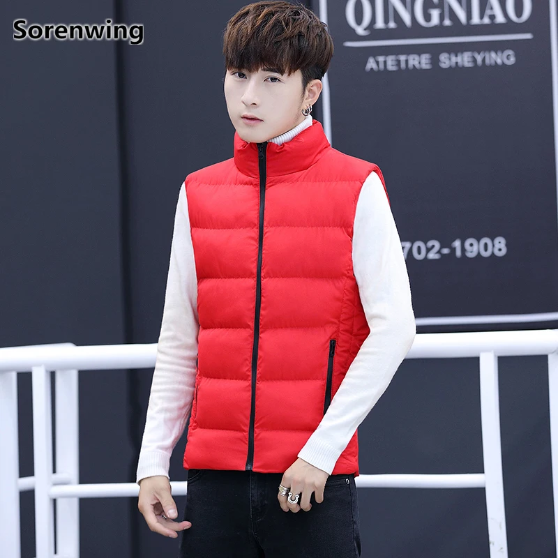 

Brand Mens Jacket Sleeveless Thickening Cotton Down Vest 2018 Winter Fashion Casual Slim Fit Waistcoat Hot Sale Red Vest 5XL 198