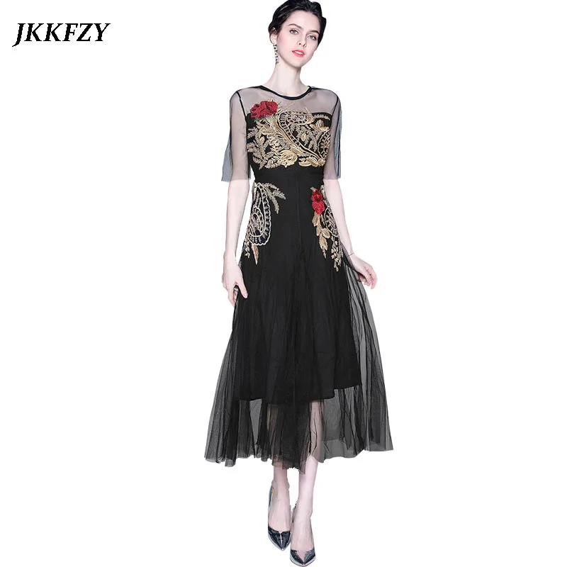 

2019 Summer Women Black Mesh Dress Short Sleeve O-Neck Plus Size Midi Dress Ladies Elegant Embroidered Vintage Dress Vestido