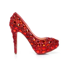 Женские осенние новые пикантные туфли-лодочки на очень высоком каблуке с красным кристаллом женские свадебные туфли на платформе с круглым носком