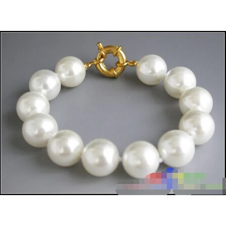

Free shipping >>>>>>p2859 8" 14mm white round SOUTH SEA SHELL PEARL bracelet