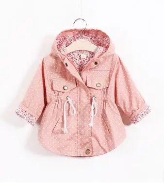 Корейское пальто для девочек хлопок Длинные рукава ветровка с капюшоном осень Детская одежда - Цвет: Розовый