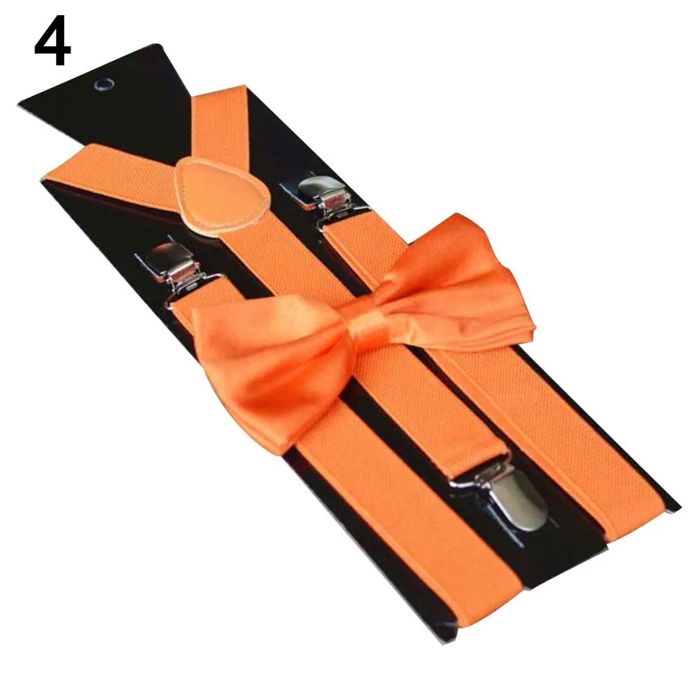 Твердые Цвет клип-на эластичной резинке на Y-Форма регулируемые подтяжки галстук бабочка комплект для маленьких мальчиков - Цвет: Оранжевый
