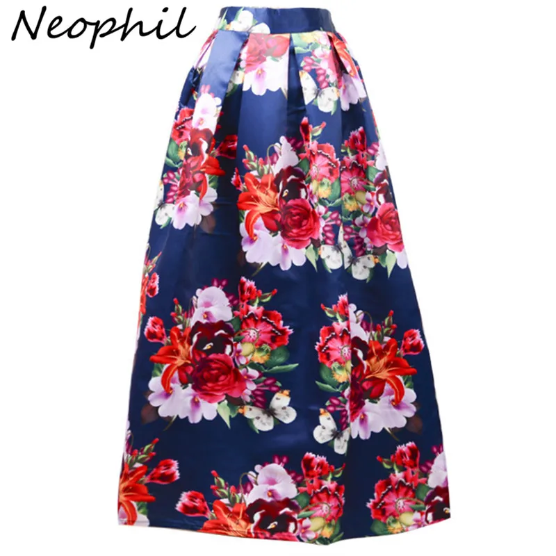 

Neophil 100cm Maxi Skirts Long 2018 Winter Big Flower Floral Print High Waist Pleated Muslim Womens Black White Faldas MS07072