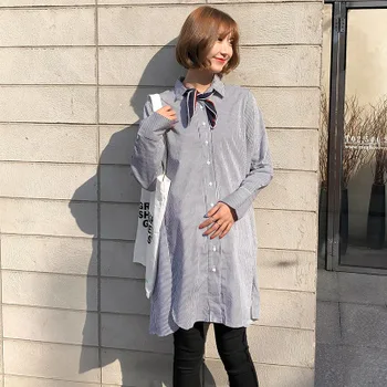 

Pregnant women large size women's shirt skirt spring and autumn Korean version of the striped pregnant women loose large size dr