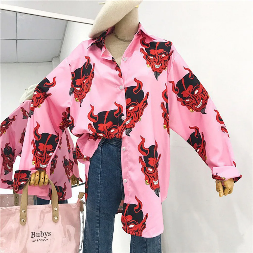 Harajuku Demon Print Summer Women Blouse Punk Gothic Casual Loose Short Sleeve Shirt Tops Female